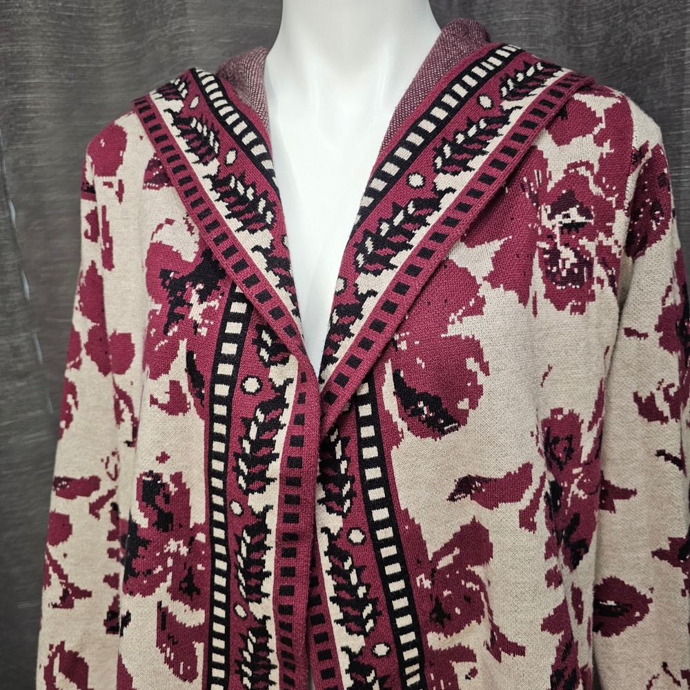 Rachel Zoe Womens Cardigan Sweater Open Front Hooded Floral Print Wine Tan Med